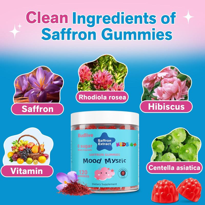 Mood Mystic Saffron Gummies for Kids 4+,Saffron Extract Supplements | with GABA, Focus Calming Gummies Supports Happy & Cognition, Sugar Free Raspberry, 120 Counts
