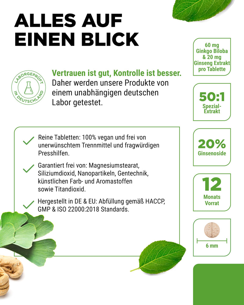 [Australia] - Ginkgo + Ginseng - 365 tablets - Special extract - High dosage - Laboratory tested - Ginkgo Biloba + Korean Ginseng - Premium quality - Vegan 