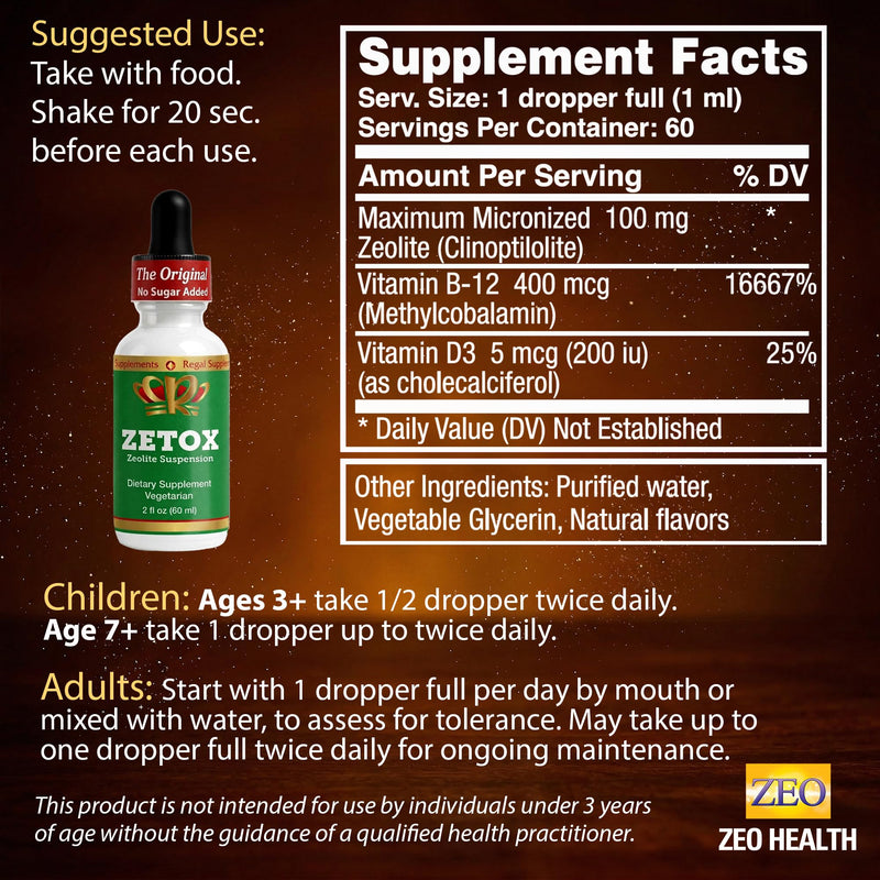 ZETOX | Zeolite Detox for Kids and Adults | Enhanced with Methyl Vitamin B12 and D3 | Premium Grade Liquid Clinoptilolite Zeolite Drops | Supports Gentle Daily Detox, Energy, and Focus (60 Servings) 2 Fl Oz (Pack of 1)