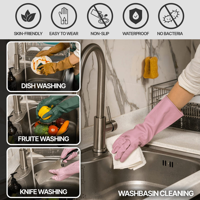 [Australia] - MAMISON 3 Pairs Colorful Reusable Waterproof Household Dishwashing Cleaning Rubber Gloves, Non-Slip Kitchen Glove Medium 