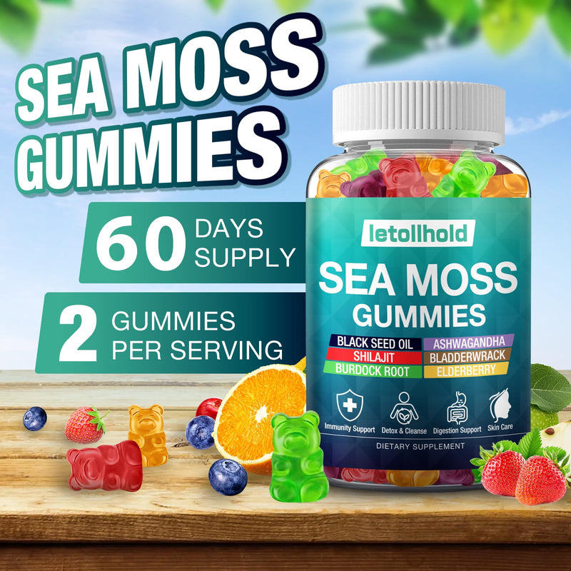 Sea Moss Gummies - Irish Sea Moss Gummies Advanced for Adults with Ashwagandha Bladderwrack & Burdock Root for Supports Immune，Energy - 60 Vegan Gummy,2PCS 60 Count (Pack of 2)