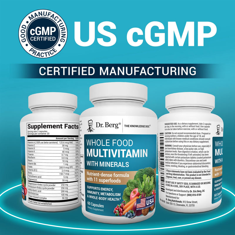 Dr. Berg Whole Food Multivitamin with Minerals - Daily Multivitamin for Men and Women - Includes Premium Whole Food Fruits and Vegetable Blend with Folate, Alpha-lipoic Acid and More - 60 Capsules Multivitamin & Mineral Support