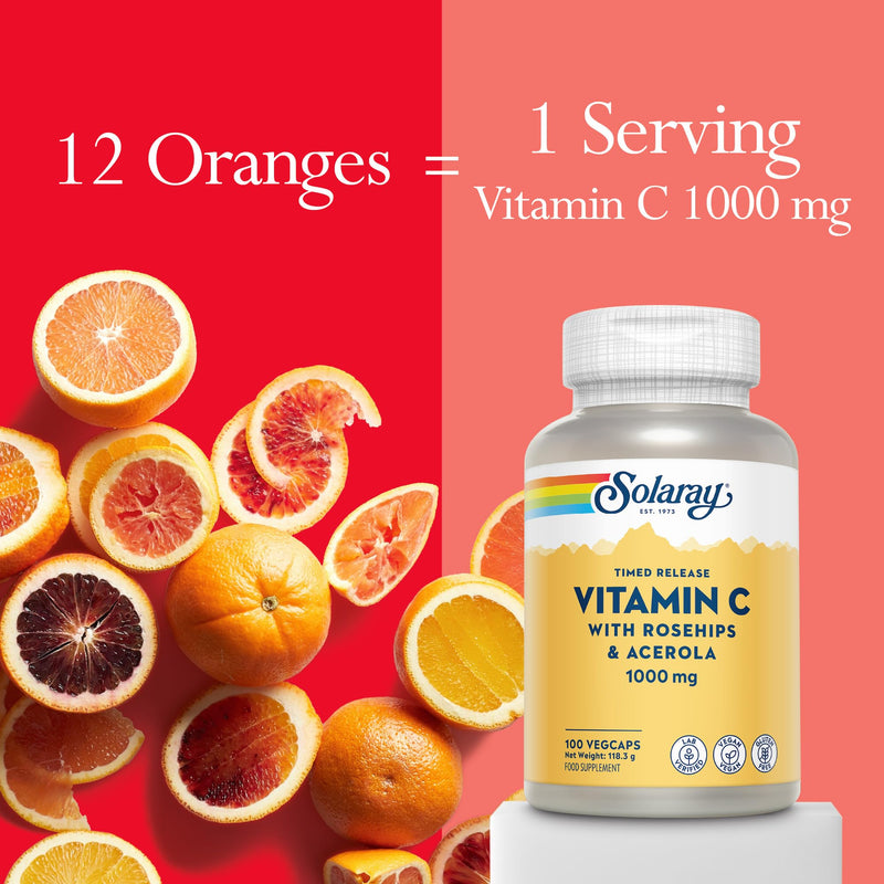 Solaray Vitamin C 1000mg Time Release Formula - 100 Vegan Capsules - High Strength VIT C with Acerola & Rosehip 2 Stage Sustained Release - 3+ Month Supply - Immune Support - Lab Verified 100 count (Pack of 1) Time Released Vit C