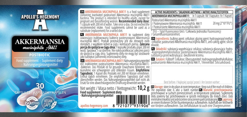 Akkermansia muciniphila 20 mg – 30 Vegan Capsules | 30-Day Supply – Gut Microbiome Support & Metabolic Support – Apollo's Hegemony