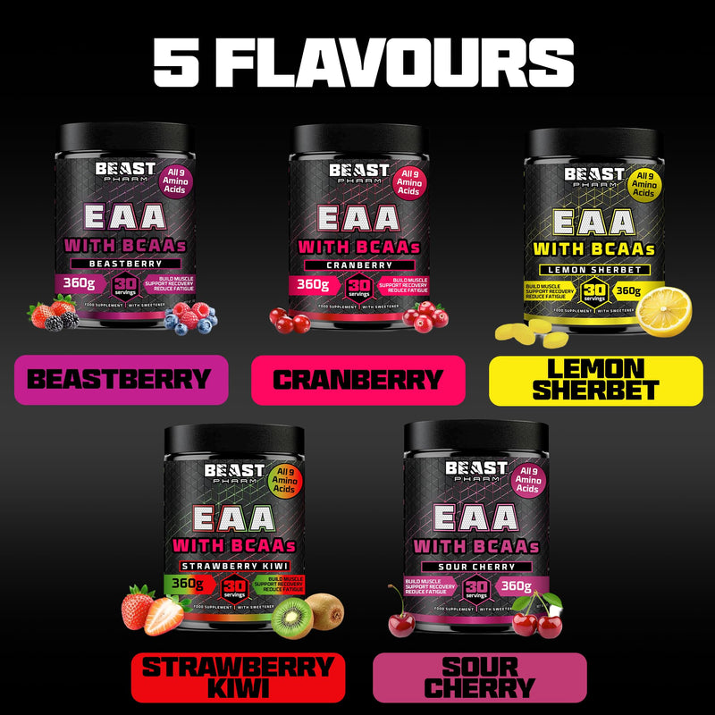 Beast Pharm 9 EAA Amino Acids with BCAA Powder 2:1:1 Ratio - Essential Amino Acids Powder - 360g - EAAs Recovery Drink - 30 Servings - Strawberry Kiwi