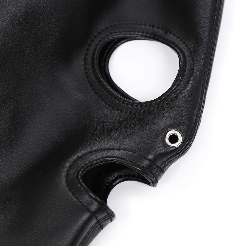 [Australia] - PU Leather Bondage Mask Hood SM Sex Toy with Removable Wig, Unisex Adult Eyes Mouth Open Black Restraint Headgear Mask Hood Breathable Blindfold Face Cover Blindfold Cosplay 