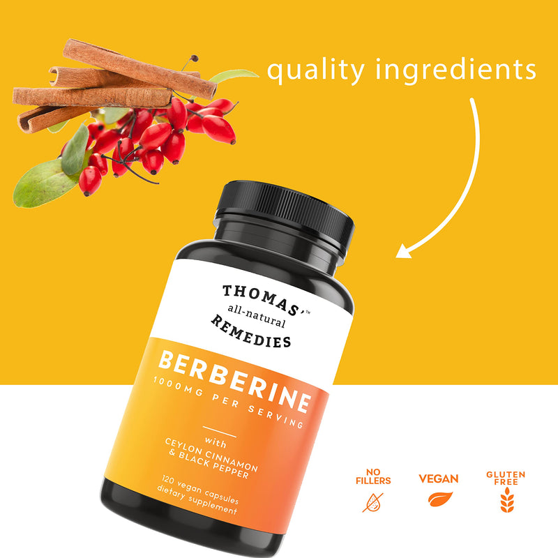 [Australia] - Thomas' all-natural Remedies Berberine 500mg (1000mg Per Serving)- 120 Vegan Capsules- with Ceylon Cinnamon & Black Pepper- Supports Healthy Immune Function & Overall Wellness 