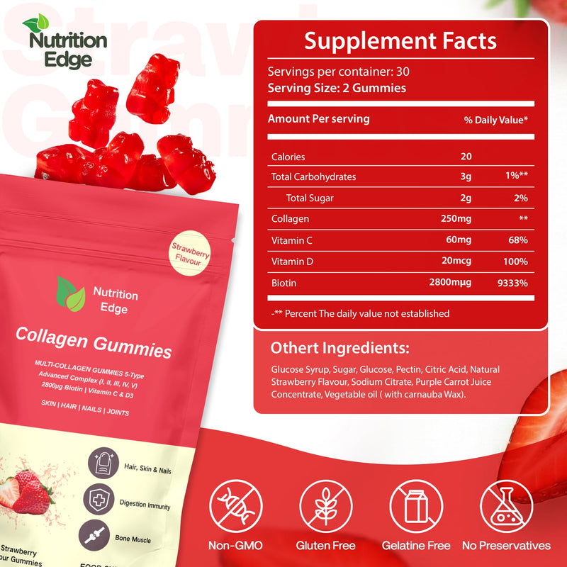 Nutrition Edge Multi Collagen Gummies (Types I, II, III, IV, V) with Biotin, Vitamin C & D3 - Skin, Hair, Nails and Joint Support - 60 Gummies