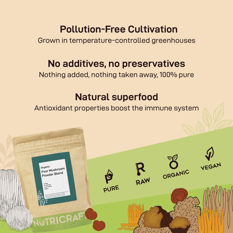 NutriCraft Organic Four Mushroom Blend Powder - 500g - Lion's Mane, Reishi, Cordyceps, Chaga, Vegan, Immune Support, Energy & Brain Health, No Additives or Preservatives 500 g (Pack of 1)