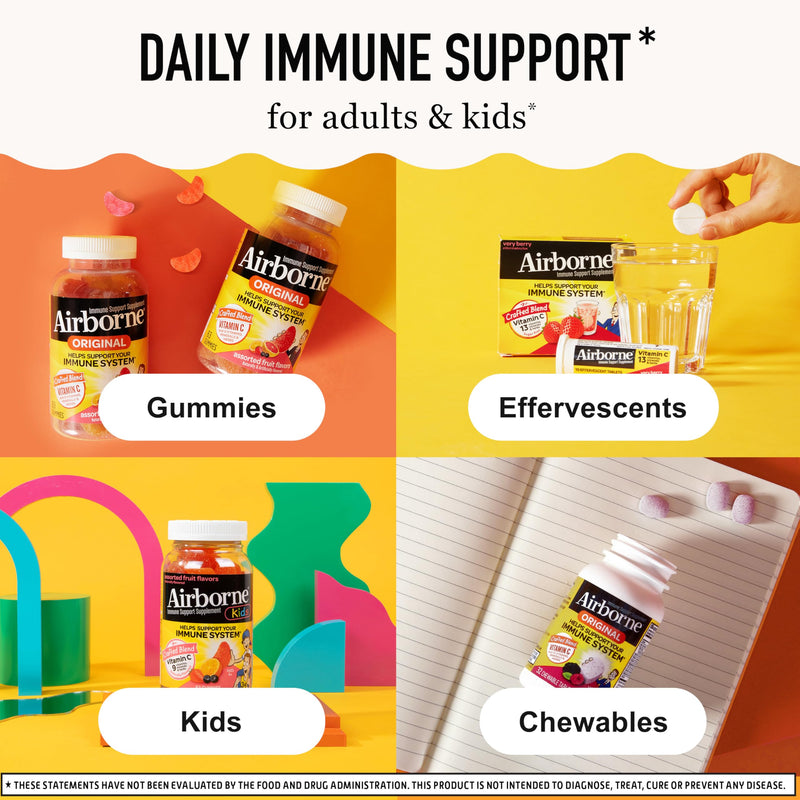 [Australia] - Vitamin C 750mg (per Serving) - Airborne Assorted Fruit Flavored Gummies (63 Count in a Bottle), Gluten-Free Immune Support Supplement with Vitamins A C E, Selenium, Echinacea & Ginger 