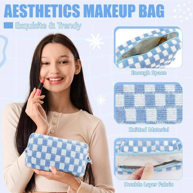 Giesiery Checkered Makeup Bag Bulk Cosmetic Organizer for Women & Teens Preppy Travel Toiletry Pouch for Skincare & Brushes Bridesmaid Proposal Gifts (24, Blue) 24