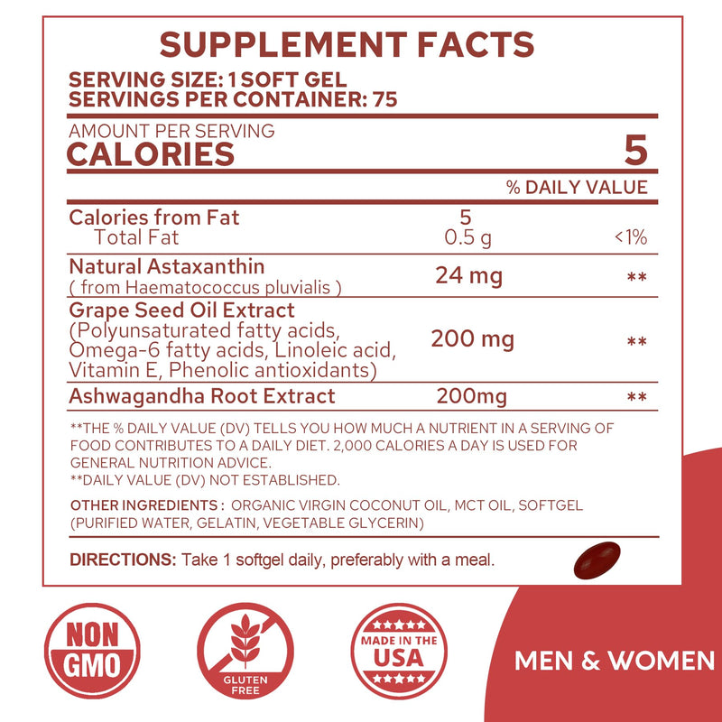 [Australia] - Astaxanthin Supplements 24mg, 5 Month Supply - Coconut MCT Oil, Fresh Microalgae Source w/Grape Seed Oil, Ashwagandha - Antioxidants for Healthy Skin, Eyes, Joints, Non-GMO & Gluten Free, 150 Softgels 75 Count (Pack of 2) 
