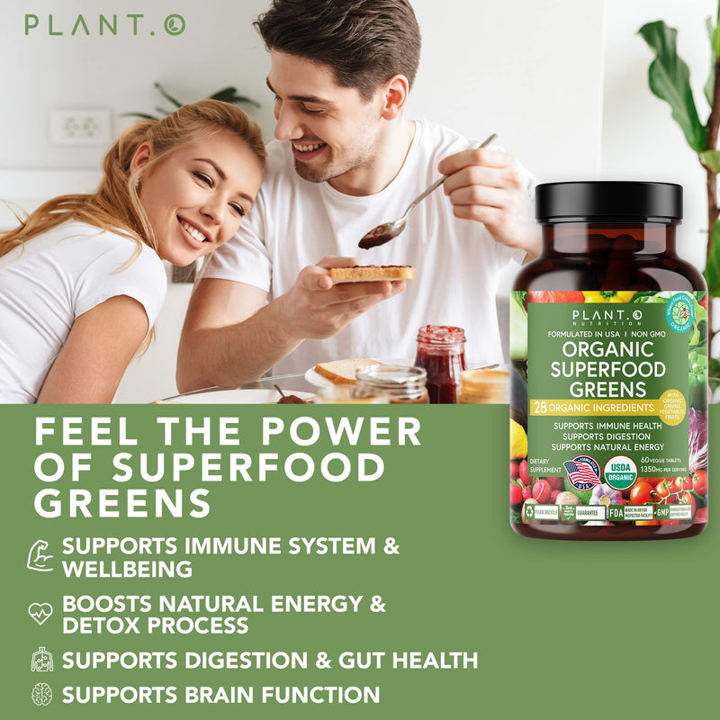 [Australia] - Plant.O Organic Super Greens [Fruit & Veggie Supplement] High Absorption Antioxidants from Green Powder with Alfalfa, Beet Root, Tart Cherry for Immune Support, Gut Health, Energy, 60 Veggie Tablets 60 Count (Pack of 1) 
