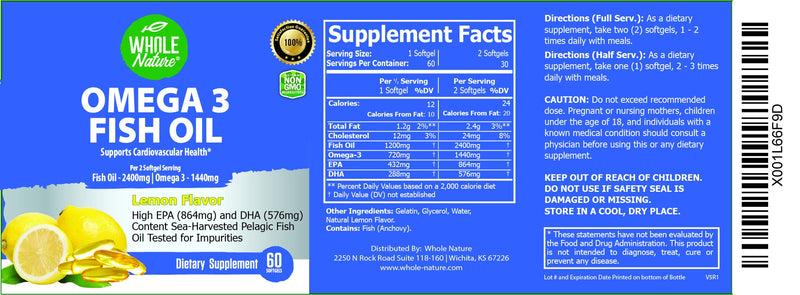 Omega 3 Fish Oil Supplements, Maximum Strength 2400 mg Omega-3, 1440mg Fish Oil, EPA DHA Fatty Acids, Heart Health, Vision, Eye, Brain, Immune Support for Women & Men. Natural Lemon Flavor, 60 ct (1) 1
