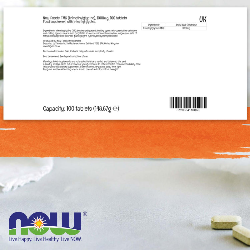 Now Foods, TMG (Trimethylglycine), 1.000mg, 100 Vegan Tablets, Lab-Tested, High Dose, Betaine, Gluten Free, SOYA Free, Vegetarian