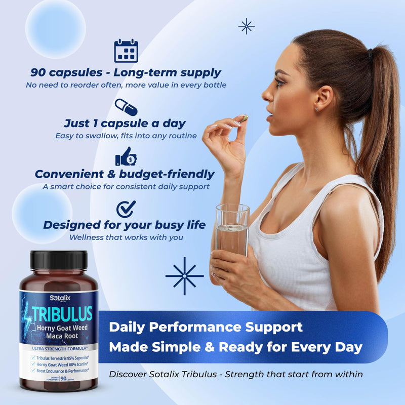 [Australia] - Premium Tribulus Terrestris - 95% Total Saponin Ultra Potency with Maca Root Tongkat Ali Ginseng - High Strength for Men Women - 90 Day Supply (90 Count (Pack of 1)) 