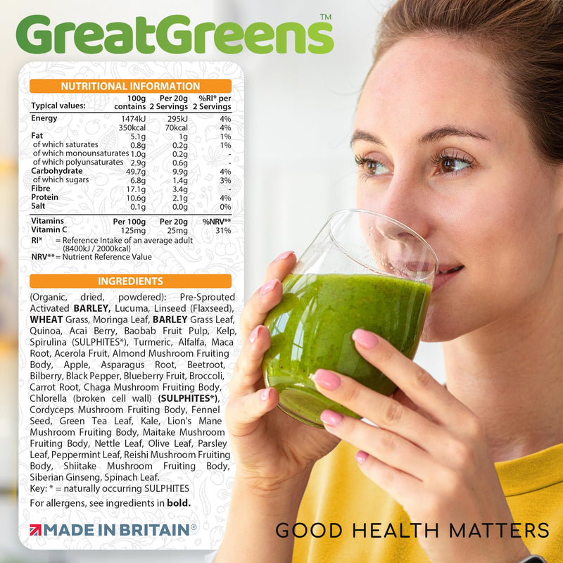 GreatGreens - Organic Greens Powder - Large 300g Blend 40 Raw Superfoods - Greens, Vegetables, Super Fruits, Berries, Sprouts and Mushrooms - High Fibre Vegan Daily Juice Smoothie Drink - 30 Servings