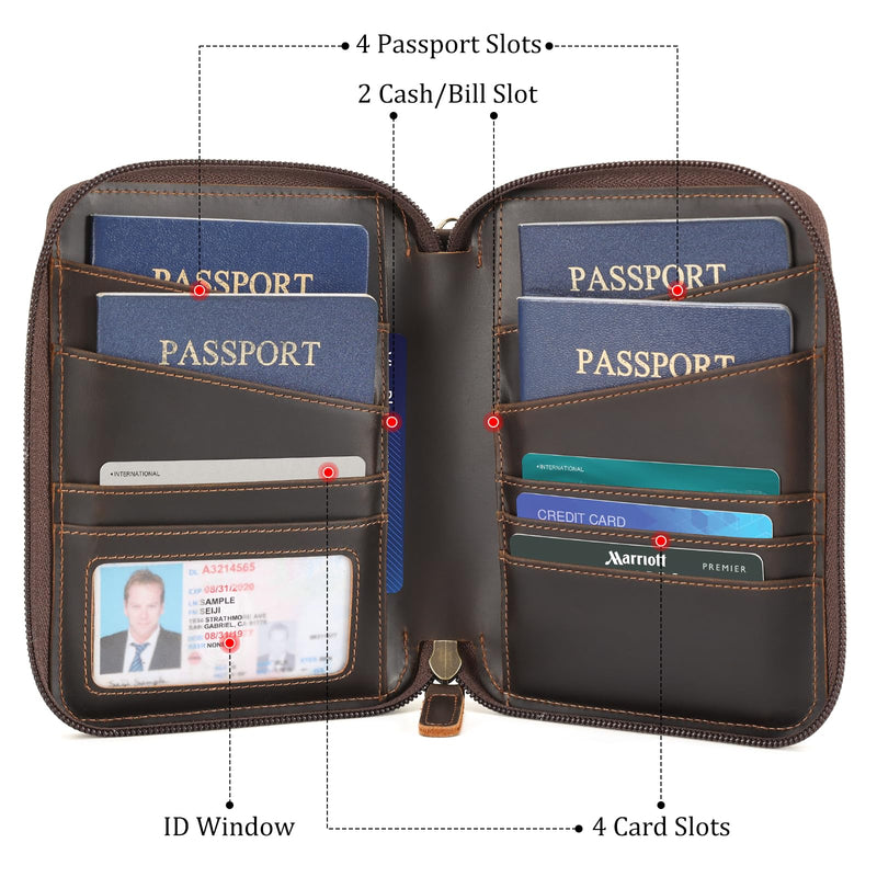Polare Full Grain Leather Family Passport Wallet for 4 Passports, RFID Blocking Bifold Passport Cover Travel Document Organizer Holder for Women and Men Dark Brown