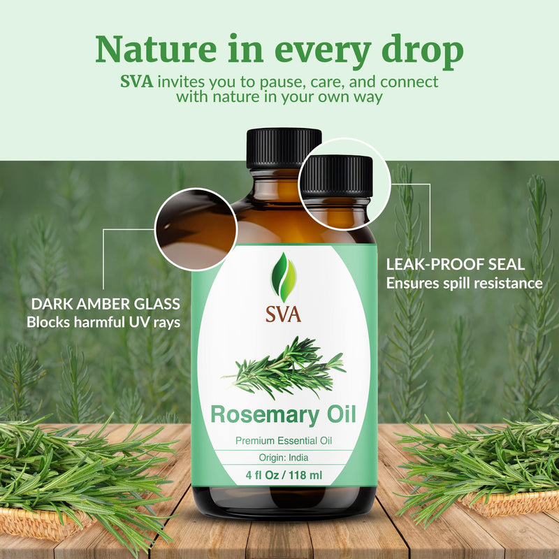 [Australia] - SVA Rosemary Essential Oil ‚Äì 4 Fl Oz ‚Äì 100% Natural Rosemary Oil for Hair, Face, Skin Care, Diffuser, Aromatherapy, Scalp, Body Massage, Soap and Candle Making ‚Äì with Dropper 4 Fl Oz (Pack of 1) 