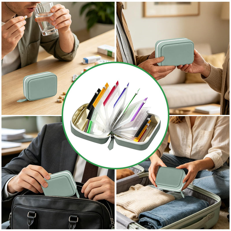 Waterproof Pill Pouch Set A8 Waterproof Pill Organizer Binder Set with 14 PCS Color Zippered Pill Pouches BPA-Free Air Tight Travel Medicine Storage Bag for Vitamins(Green) Green