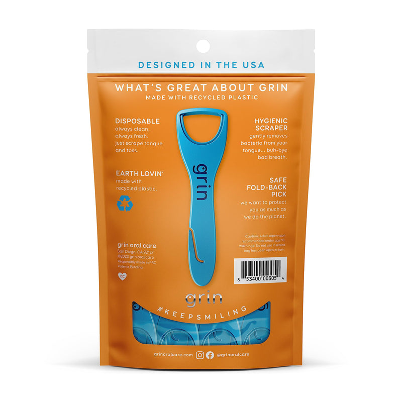 [Australia] - GRIN Tongue Cleaner, 32 Count, Disposable Tongue Cleaner, Hygienic Scraper, Recycled Plastic, Clean Tongue, Promote Fresh Breath, Includes Safe Fold- Back Tooth Pick 1 Pack 