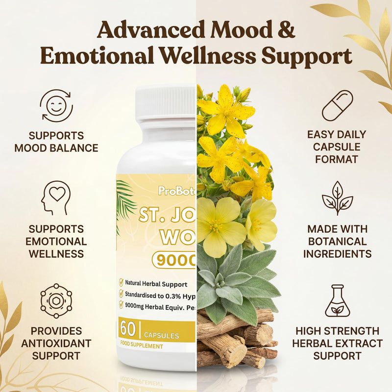 St John's Wort 900mg Maximum Strength | Standardised 0.3% Hypericin Extract | High-Strength Herbal Supplement for Emotional Wellbeing | 60 Vegan Capsules