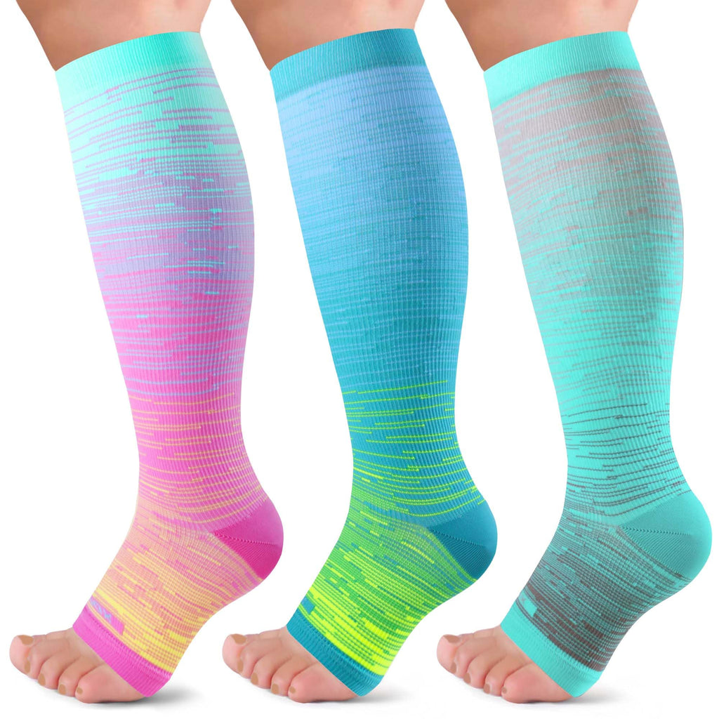 LEVSOX Open Toe Compression Socks for Women & Men 20-30mmHg Toeless Sock Knee High Support Stockings for Nurses Travel 3 Pairs/Tie Dye Large