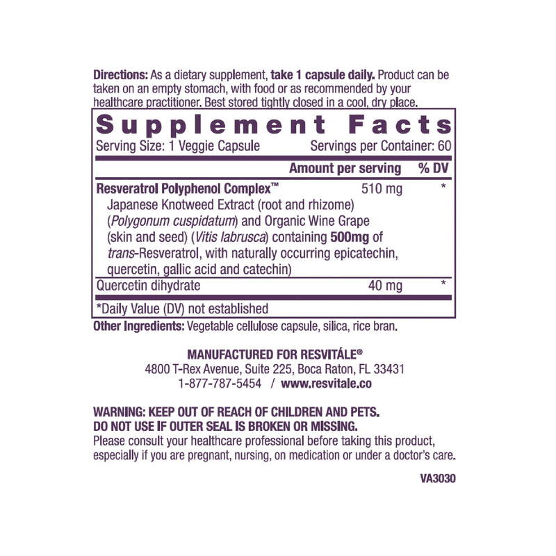 [Australia] - ResVitále Resveratrol 500 mg - Resveratrol Supplement for Men and Women - 60 Veggie Capsules 60 Count (Pack of 1) 