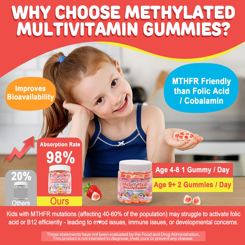 Vitamins for Kids 4+, Methylated Multivitamin Gummies w/Calcium, Probiotics | Methylfolate, Methyl B12, B6, Vitamin A, D3 K2, C, E, Zinc, Magnesium for Immunity, Bone, Growth, Energy, Sugar Free, 120 Cts 60 Count (Pack of 2)