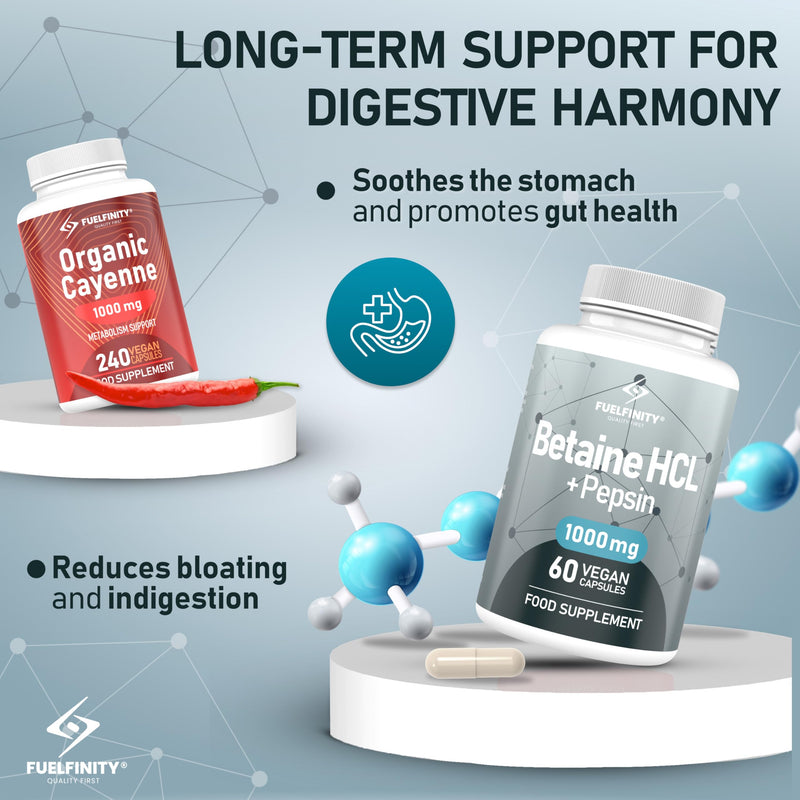 Betaine HCl Pepsin - 1000 mg - 60 Capsules - High Strength for Sensitive Digestion - Clean Betaine Hydrochloride to Support Protein Breakdown - FuelFinity® Superlative Quality 1 count (Pack of 60)