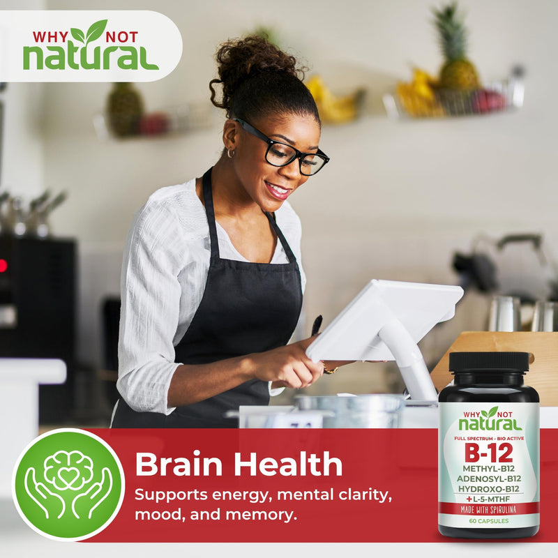 Why Not Natural Vitamin B12 5000 mcg Supplement with Methylcobalamin, Adenosylcobalamin and Hydroxy B12 Complex with Methylfolate 1000 mcg, L-5-MTHF, Made with Spirulina