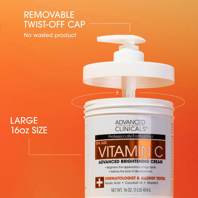 Advanced Clinicals Vitamin C Cream Visibly Brightening Body Lotion | Vitamin C Moisturizer Skin Care Body Cream For Women & Men Visibly Improves Look Of Dark Spots & Uneven Skin Tone, W/Travel Size Vitamin C Brightening Cream