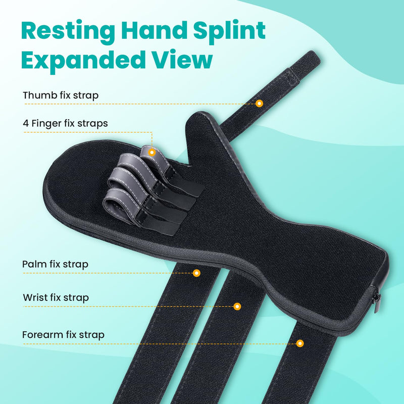 [Australia] - DrFinger Upgrade Resting Hand Splint Brace for Straightening Fingers with 5 Finger Support, to Keep Fingers Straight - Right (Black) Black 