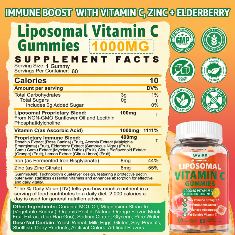 Liposomal Vitamin C 1000mg Gummies for Adults - Vitamin C Chewable with Elderberry, Zinc & 8mg Iron, Sugar Free Vit C Supplements, Daily Immune Support Gummies for Energy, Collagen Booster, 120 Counts 60 Count (Pack of 2)