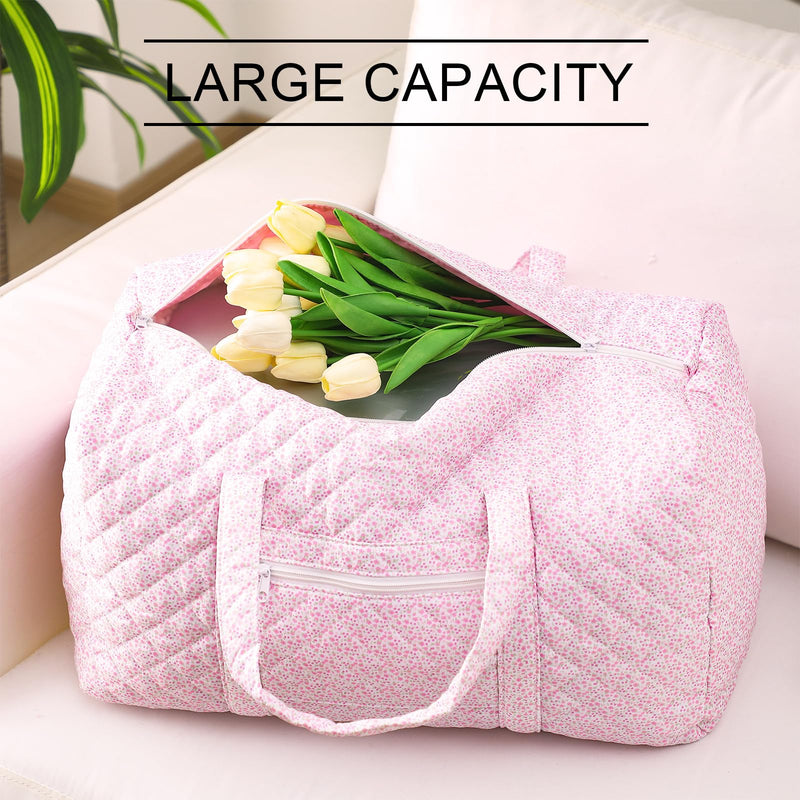 2 Pack Floral Travel Duffel Bag Large Quilted Travel Duffle Bag and Floral Makeup Pouch Portable Gym Lightweight Weekender Organizer with Zipper Pockets Grocery Pouch for Women(Pink) Pink