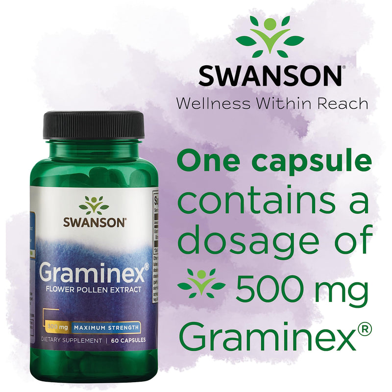 Swanson, Graminex Flower Pollen Extract, 500mg, from Rye, 60 Capsules, High Strength, Lab Tested, SOYA Free, Gluten Free, Non GMO