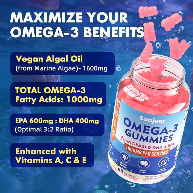 2 Pack Vegan Omega-3 Gummies1000mg for Adults - Sugar Free Supplement with 400mg DHA & 600mg EPA, Vitamins A, C, E, and Zinc - 120 Count