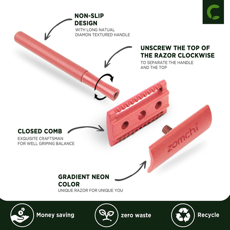 [Australia] - ZOMCHI Single Blade Double Edged Safety Razor with 5 Safety Razor Blades, Metal Razor for Men & Women, Single Blade Razor – Light Coral 