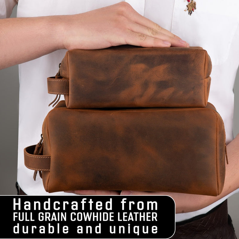 FRED PARKER Leather Toiletry Bag for Men – Dopp Kit, Multiple Purpose Use Travel Organizer, Groomsmen or Christmas Gift, Shaving Bag for Him (Standard, Brown, Medium: 7x3x3) Medium: 7x3x3" Classic