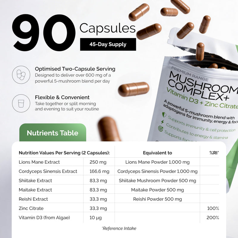 Mushroom Complex with Lion's Mane Supplement, Cordyceps, Reishi, Shiitake & Maitake + Vitamin D3 & Zinc - High‑Strength Lion's Mane Capsules to Support Focus & Mental Clarity - 90 Vegan Capsules