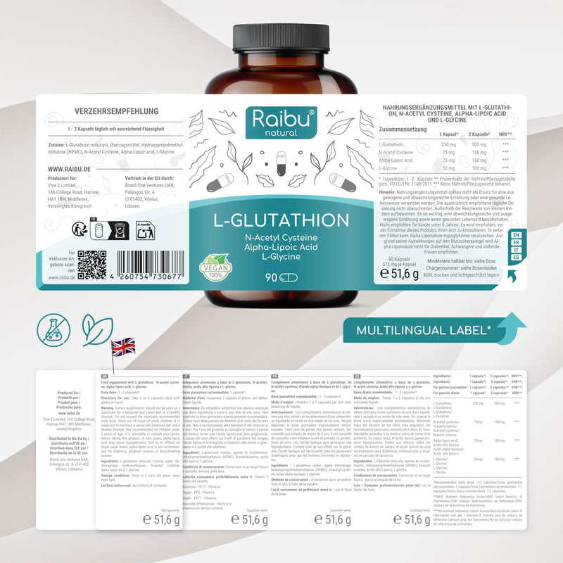 Glutathione Reduced - 98% Highly Purified - L Glutathione Supplement with NAC, Alpha Lipoic Acid & L-Glycine - Antioxidant Support - from Fermentation, Non-GMO - 900 mg per Serving, 90 Vegan Capsules