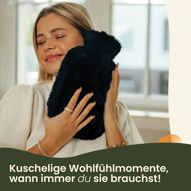 [Australia] - KUNU® the special XXL hot water bottle - 3.4l - incl. gift packaging - with extra cover - irresistibly fluffy - perfect for adults and children - leak-proof and tested Fluffy Black 