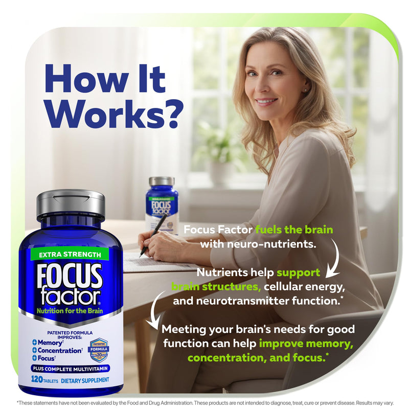 Focus Factor Adults Extra Strength, 120 Count - Brain Supplement for Memory, Concentration and Focus - Complete Multivitamin with DMAE, Vitamin D, DHA - Trusted Health Vitamins 120 Count (Pack of 1)