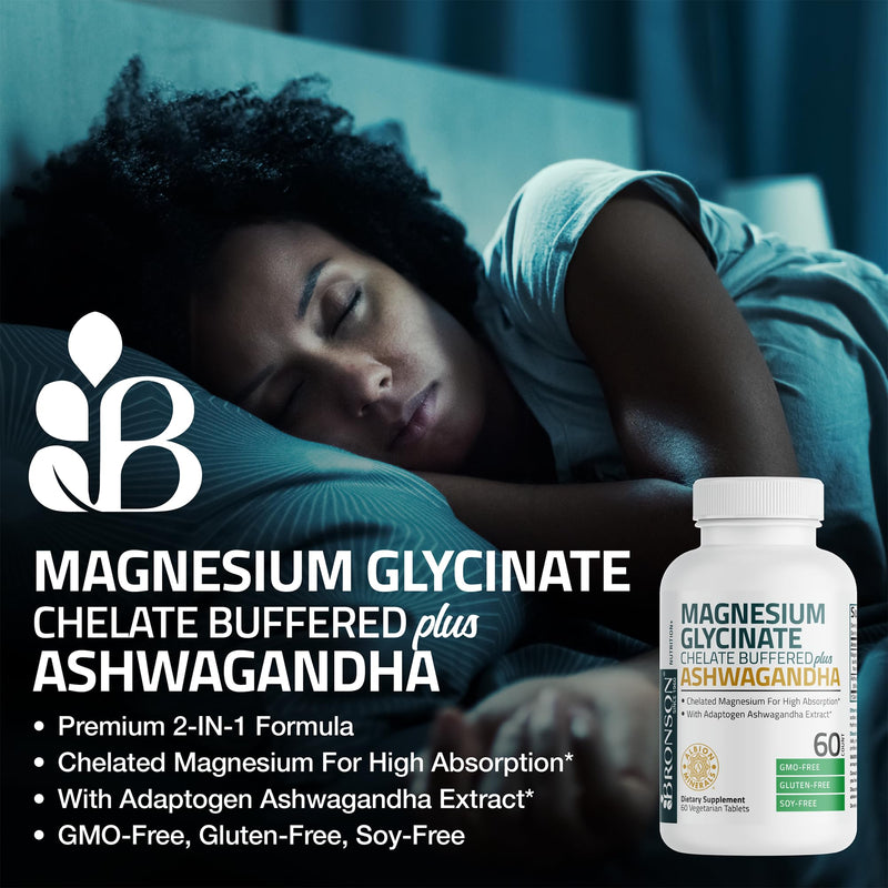 Bronson Magnesium Glycinate Plus Ashwagandha Dietary Supplement 60 Tablets | 2-in-1 Stress & Mood Support, Vegetarian, High Absorption, Gentle On The Stomach, Non-GMO, Gluten-Free, Soy-Free 60 Count (Pack of 1)