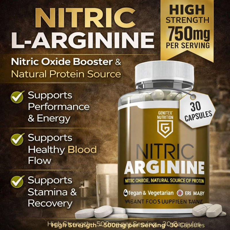Nitric L-Arginine Nitric Oxide Booster | Natural Protein Source Supplement | Testosterone Supplements for Men | Supports Performance, Energy & Stamina, Vegan & Vegetarian Friendly, 30 UK Made Capsules