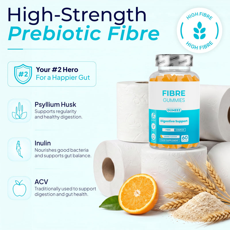 Fibre Gummies for Digestive Support & Regularity with Psyllium Husk, Inulin & Apple Cider Vinegar – High Fibre Complex, Orange Flavour, 60 Vegan Gummies – GUMEEZ