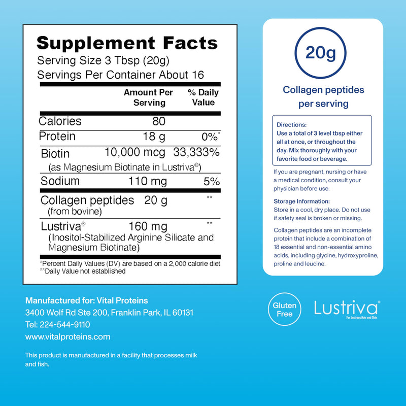 Vital Proteins Collagen Peptides + Biotin, Unflavored, 11.4oz | 10,000mcg Biotin, Supports Thicker Fuller Hair, Clinically Studied Lustriva®, 20g Collagen Per Serving, 16 Servings 16 Servings (Pack of 1)