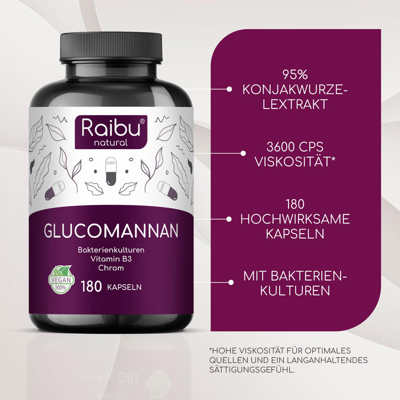 [Australia] - Glucomannan from konjac root - 4100mg per daily dose, 180 capsules, optimized with bacterial cultures, chromium and vitamin B3 - 95% glucomannan, high viscosity - Raibu, produced in Germany 