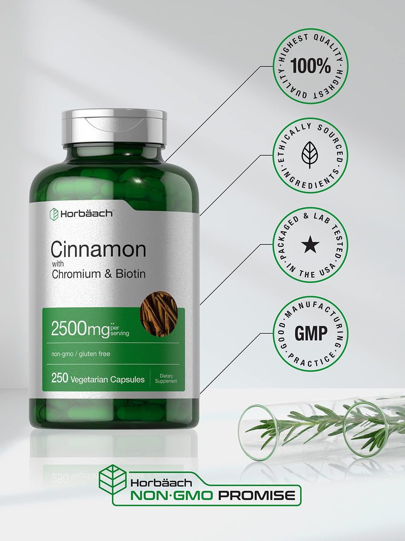 Cinnamon with Chromium Picolinate 2500mg | 250 Capsules | plus Biotin | Vegetarian, Non-GMO, Gluten Free | by Horbaach