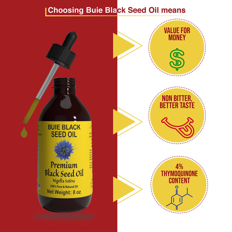 [Australia] - BUIE Black Seed Oil | Black Cumin Seed Oil (Nigella Sativa Oil) | Un-Refined, Cold Pressed Extra Virgin Oil | with 4.5 to 6% Thymoquinone & Omega 3 6 9 | 8 FL Oz 8 Ounce (Pack of 1) 